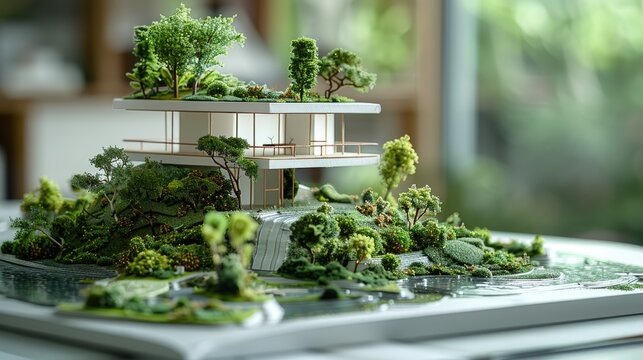 Model of a house with a garden on top of it. The house is white and has a balcony. The garden is full of trees and plants