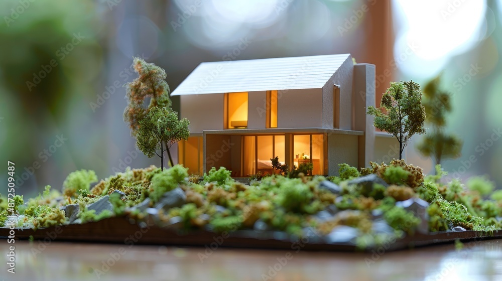Aufkleber model of a house with a large window and a small window. the house is surrounded by trees and rocks