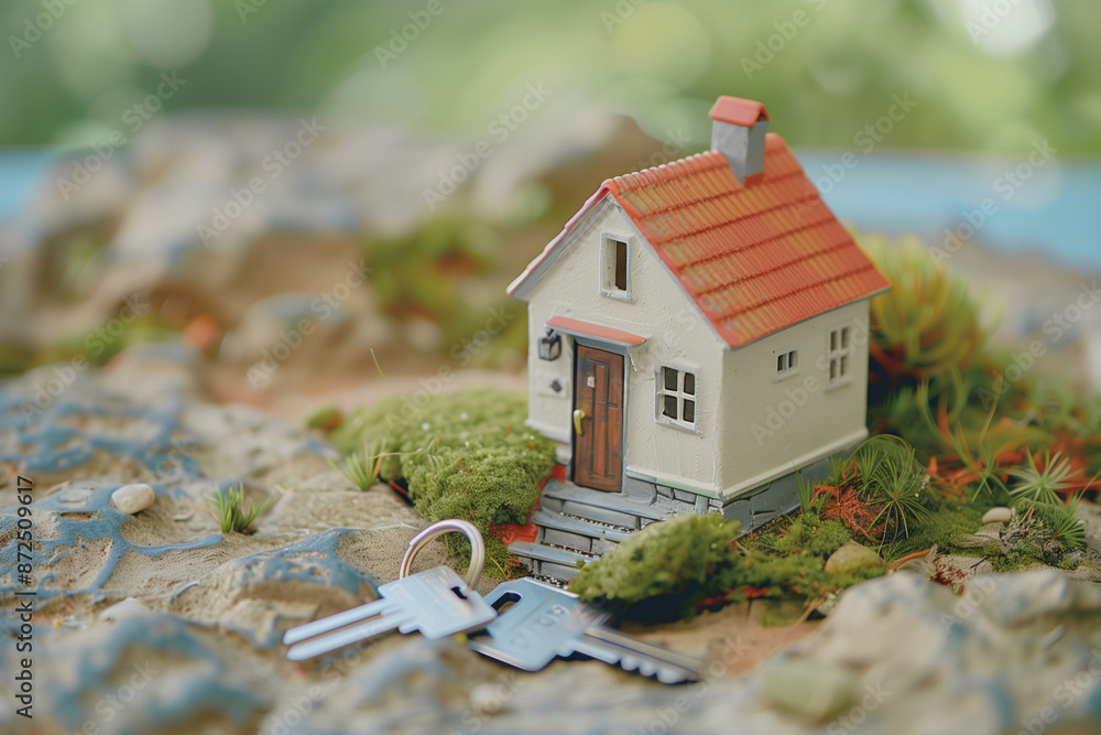 Poster small red house with a key on the table. the house is surrounded by bushes and the key is placed on 