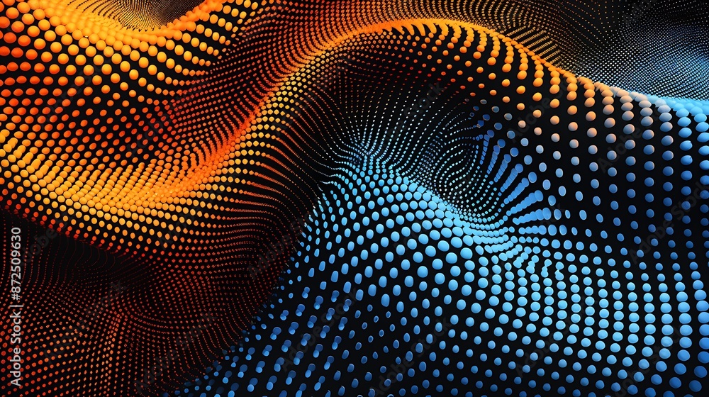 Poster three abstract halftone patterns on orange, blue and black backgrounds. dots in modern design style 