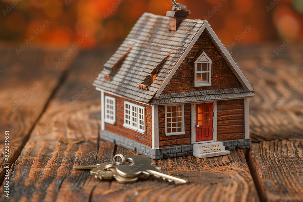 Poster small red house with a key on the table. the house is surrounded by bushes and the key is placed on 