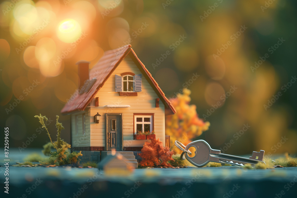 Poster small red house with a key on the table. the house is surrounded by bushes and the key is placed on 