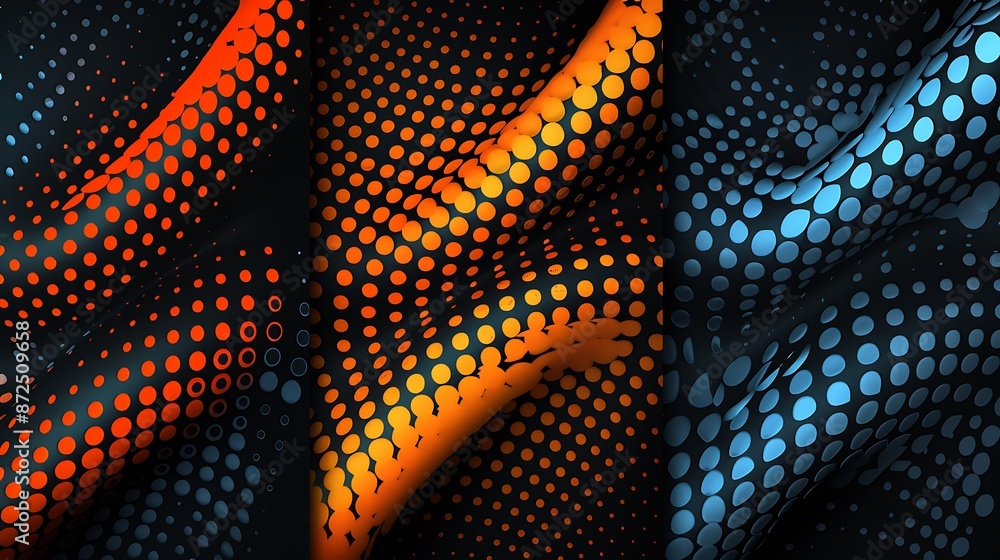 Poster three abstract halftone patterns on orange, blue and black backgrounds. dots in modern design style 