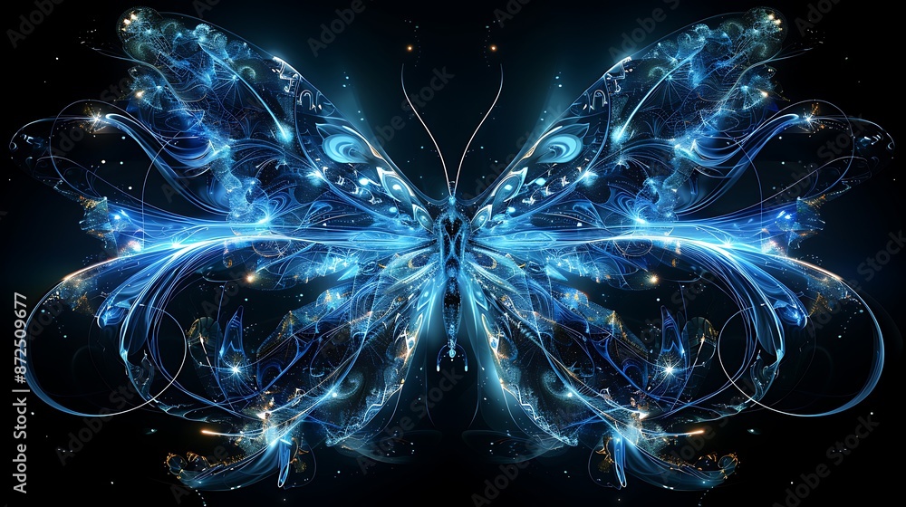 Aufkleber a symmetrical digital art piece featuring an abstract butterfly made from glowing blue particles and