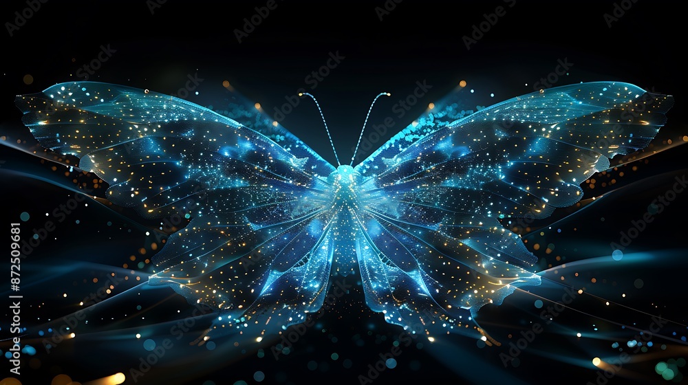 Poster a symmetrical digital art piece featuring an abstract butterfly made from glowing blue particles and