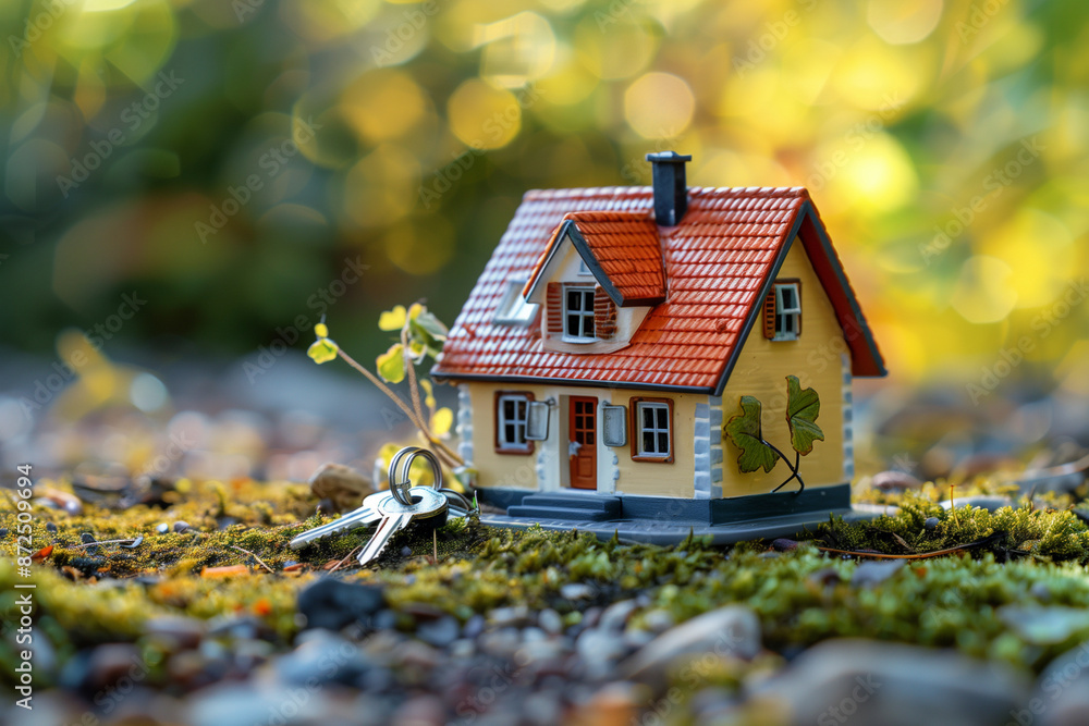Poster small red house with a key on the table. the house is surrounded by bushes and the key is placed on 