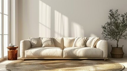 Modern Minimalist Living Room with Cozy Sofa, Sunlight, and Indoor Plant