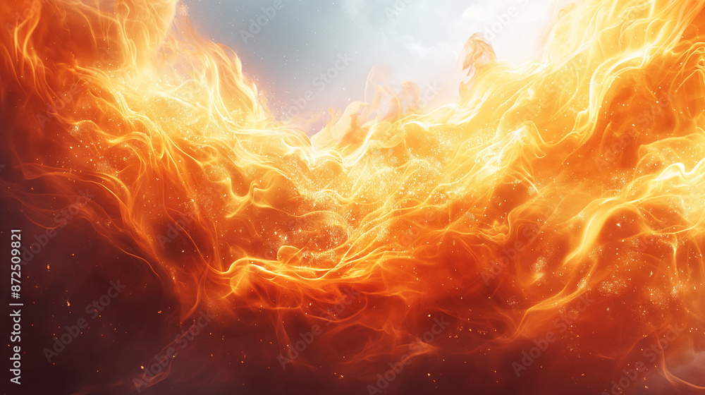 Poster a dynamic and intense scene of bright orange and yellow flames rising from the bottom of the image, 