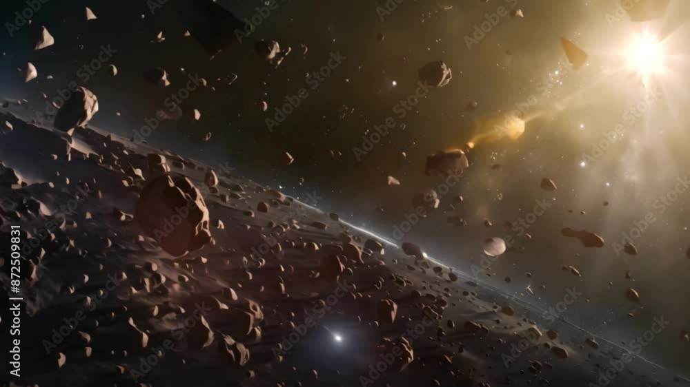 Poster This Asteroid field with a star shining in the distance. Space background