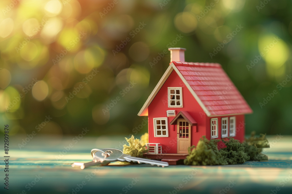 Poster small red house with a key on the table. the house is surrounded by bushes and the key is placed on 