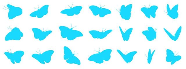 Silhouette illustrations of blue butterflies isolated on transparent background