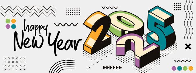 happy new year 2025 banner design with modern geometric abstract background in retro style. happy new year greeting card cover for 2025 calligraphy typography with colorful shapes. isometric vector.