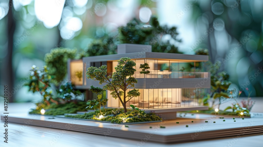 Poster architecture model of a house with a large tree in front of it. the house is made of wood and has a 