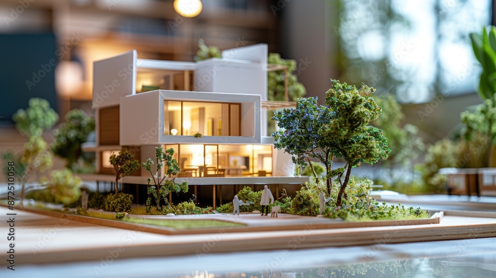 Aufkleber Architecture model of a house with a tree in front of it. The house is white and has a lot of windows