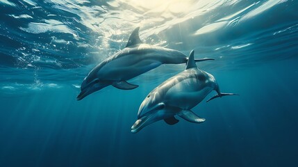 Obraz premium Two dolphins are swimming in the deep blue ocean. with sunlight shining through the water Create a peaceful atmosphere.