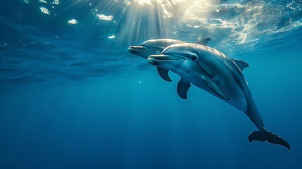 Naklejka premium Two dolphins swim in the clear, dark blue ocean. with sunlight shining through the water Create a peaceful atmosphere.