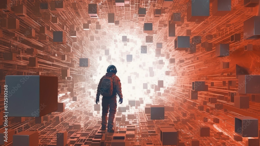 Poster person standing on a surreal landscape with floating geometric shapes. people walks while surrounded
