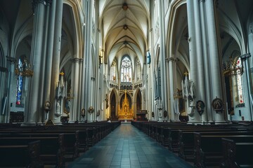 Fototapeta premium Cathedral Interior with Rows of Pews and a Stained Glass Window