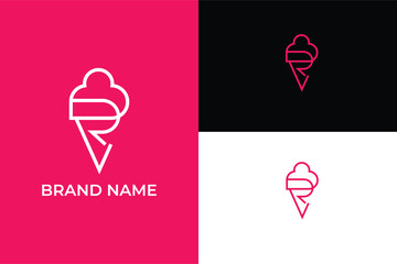 initial letter RV VR abstract minimal logo for rolled ice cream, ice cream logo vector, ice cream cone logo, ice cream shop, ice cream balls in the waffle cone trendy cartoon line style, 