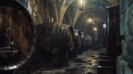 Antique wooden barrels in a dimly lit cellar, evoking a vintage vibe