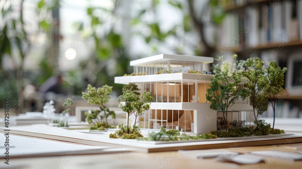 Poster model of a house with a tree in front of it. the house is white and has a lot of windows