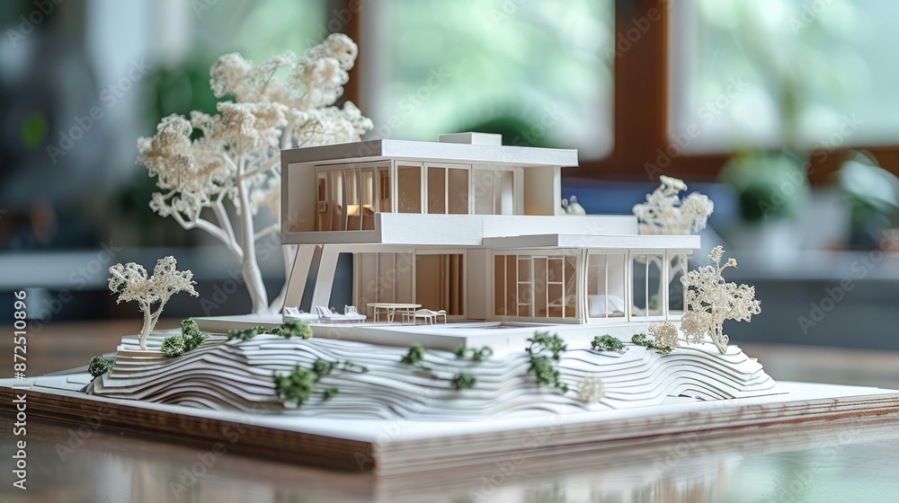 Aufkleber model of a house is on a table. the house is white and has a lot of windows. the house is on a hill 