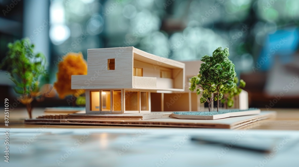 Aufkleber model of a house is on a table with a view of trees in the background. the house is made of wood and