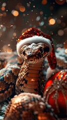 Festive Snake with Santa Hat and Snowflakes in Holiday Decor