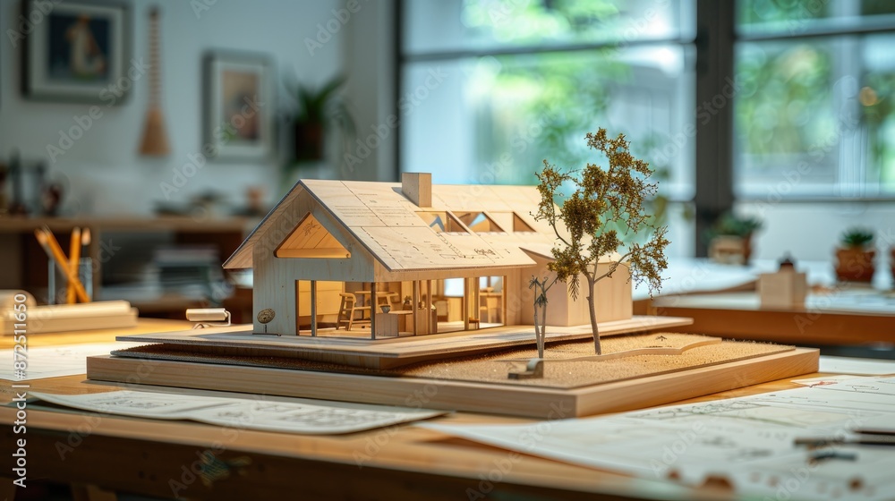 Aufkleber a model of a house is on a table with a drawing of a tree in front of it
