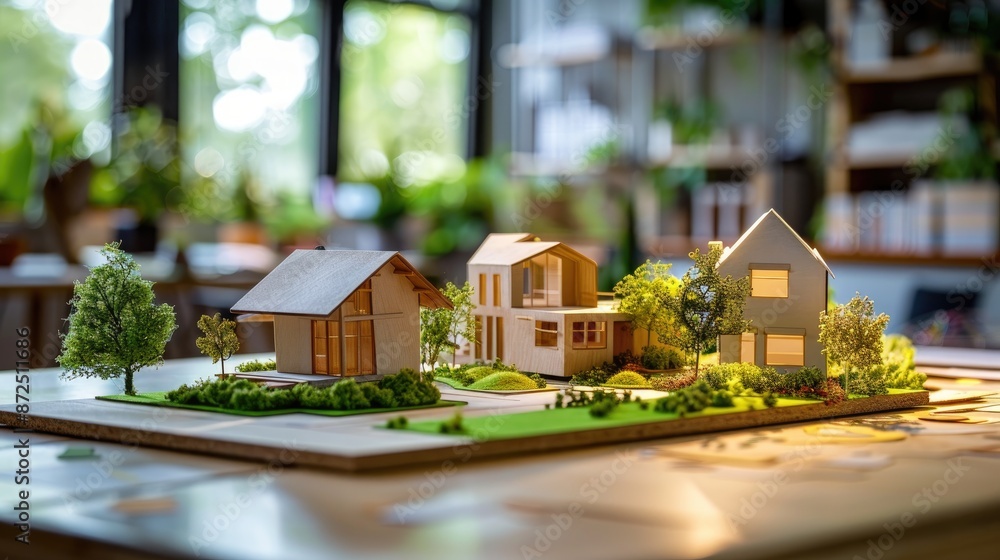 Poster a model of a house and a tree is on a table