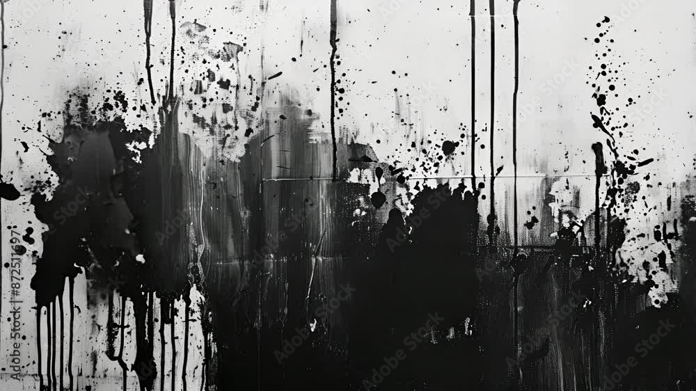 Poster the monochromatic paint drips and splatters creating an intriguing texture on the canvas. black and 
