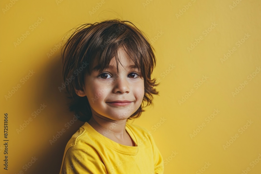 Wall mural Portrait of a cute little girl in a yellow T-shirt on a yellow background