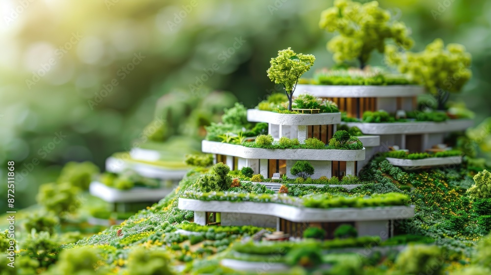 Poster model of a green building with a lot of trees on it. the building is made of white and green materia