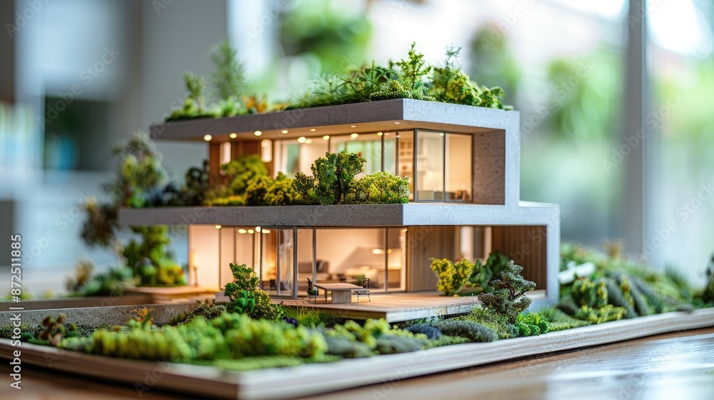 Aufkleber architecture model of a large house with a tree in front of it. the house has a lot of windows and a