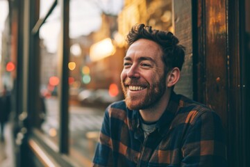 Portrait of a handsome bearded hipster man in a plaid shirt smiling in the city.