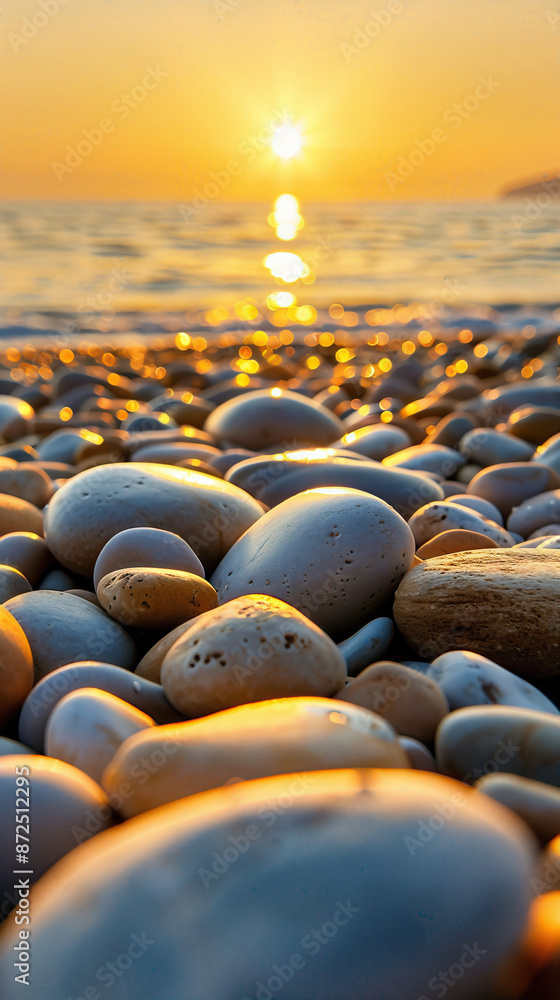 Poster a beach with a large number of rocks and a sun setting in the background
