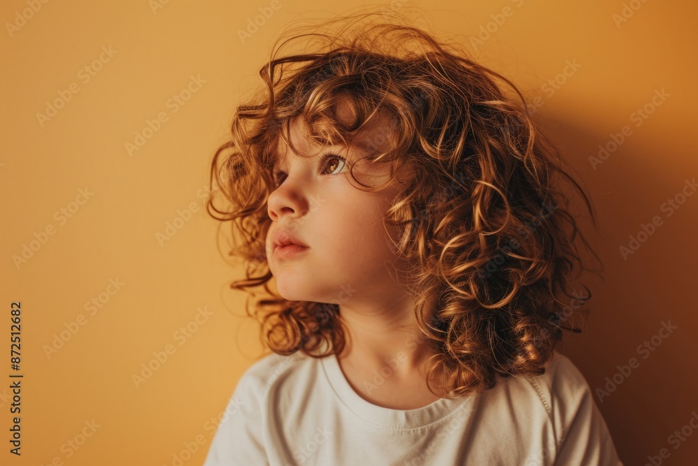 Sticker portrait of a little girl with curly hair on a yellow background