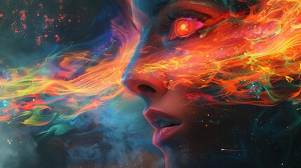 Obraz premium A surreal digital art depicting a close-up face merging with vibrant flames and nebulous swirls, evoking emotions and fantasy.