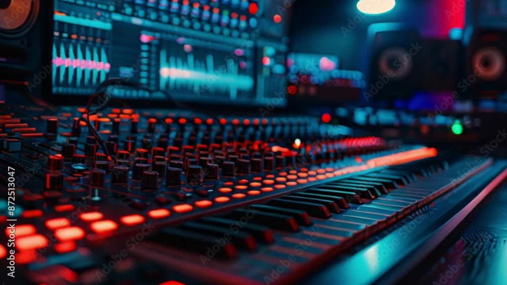 Poster this close-up of a professional audio mixing board with a keyboard.