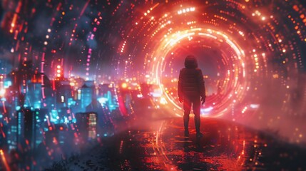 Futuristic cityscape with person standing before a glowing portal. Concept of science fiction, technology, and digital worlds.