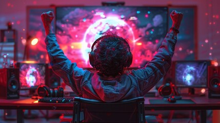 Gamer Celebrating Victory in Immersive Gaming Setup - Generative AI