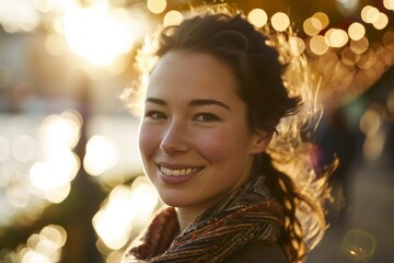 Fototapeta premium Portrait of a beautiful young woman in the city at sunset.