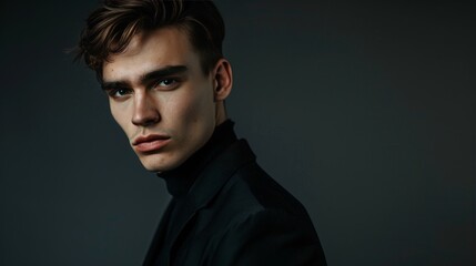 Capture a portrait of a man with a strong jawline and piercing eyes, wearing a dark suit, standing against a minimalist background, exuding an aura of authority and seriousness.