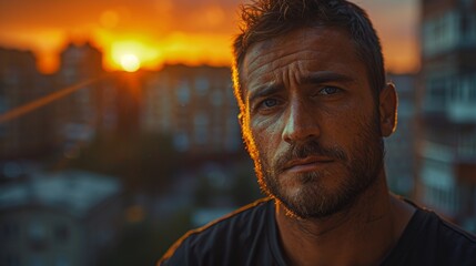 Man with a Serious Expression at Sunset - Generative AI