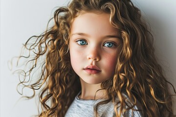 Fototapeta premium Portrait of a beautiful little girl with long curly hair on white background