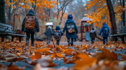 Fototapeta premium Children Walking in Autumn Park - Generative AI