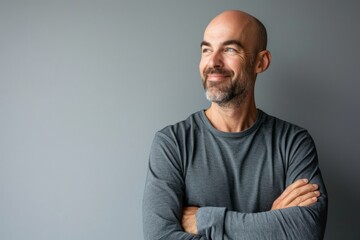 Fototapeta premium Handsome bald man with beard and mustache smiling with arms crossed