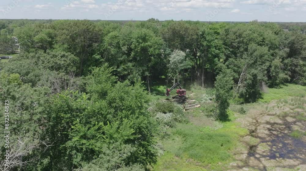Poster forward drone view of deforestation going on in a forest during daytime.