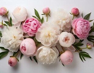 White background, pink and white peonies, peony buds, peonia flowers, peoni leaves, pink petals, white blooms, pink floral arrangement, white flower arrangement, in the style of peppermint flowers,