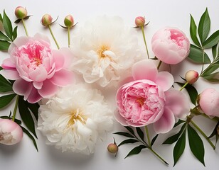 White background, pink and white peonies, peony buds, peonia flowers, peoni leaves, pink petals, white blooms, pink floral arrangement, white flower arrangement, in the style of peppermint flowers,